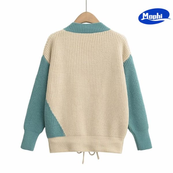 Sweater V领撞色拼色鱼鳞针织套衫 - 图片 3