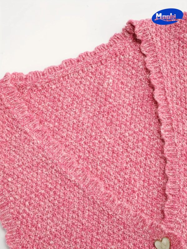Sweater 心形纽扣樱花粉背心开衫 - 图片 3