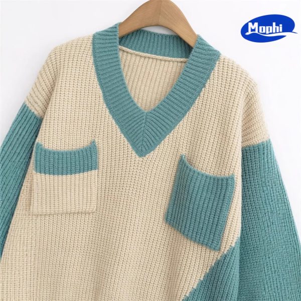Sweater V领撞色拼色鱼鳞针织套衫 - 图片 2
