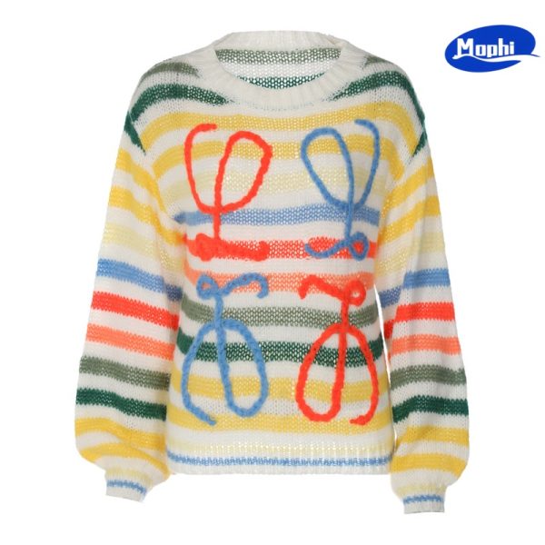 Sweater 彩色条纹撞色宽松套头针织衫