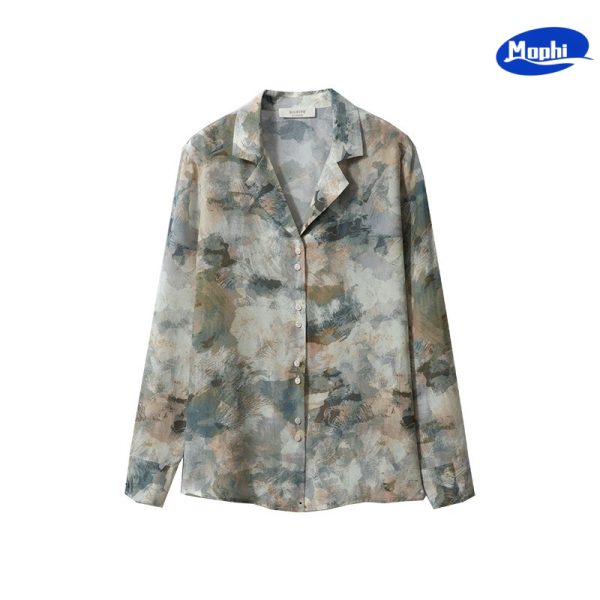 T-shirt silk printing 桑蚕丝西装领真丝长袖油画印花衬衫