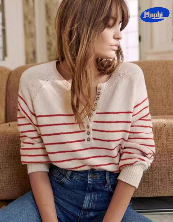 Sweater 复古纽扣条纹长袖圆领套衫 - 图片 9