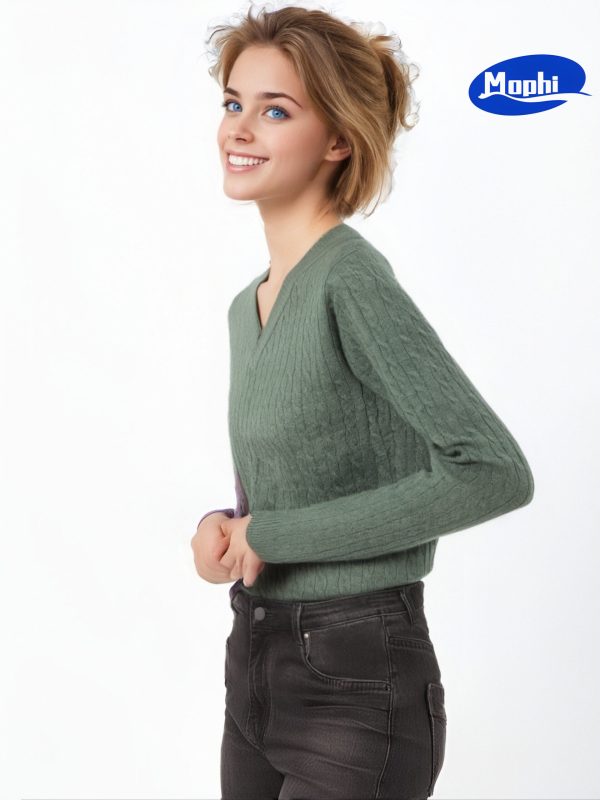 Sweater V领小麻花针织套衫 - 图片 2