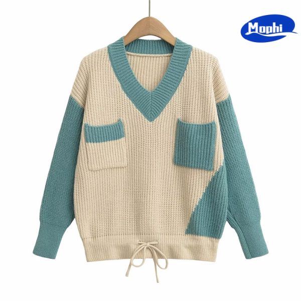 Sweater V领撞色拼色鱼鳞针织套衫