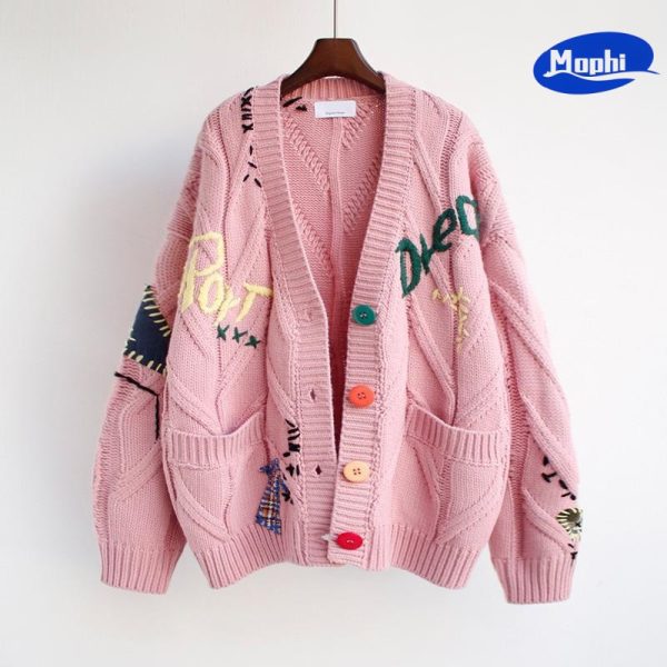 Sweater 毛衣字母刺绣彩扣针织开衫 - 图片 3