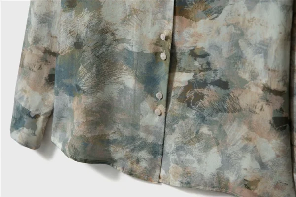 T-shirt silk printing 桑蚕丝西装领真丝长袖油画印花衬衫 - 图片 4