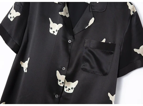 Sleepwear Silk重磅25姆米缎面动物印花真丝睡衣套装女桑蚕丝短袖上衣长裤两件套 - 图片 4