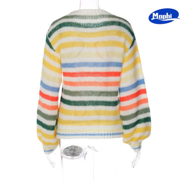 Sweater 彩色条纹撞色宽松套头针织衫 - 图片 2