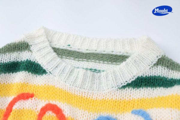 Sweater 彩色条纹撞色宽松套头针织衫 - 图片 6