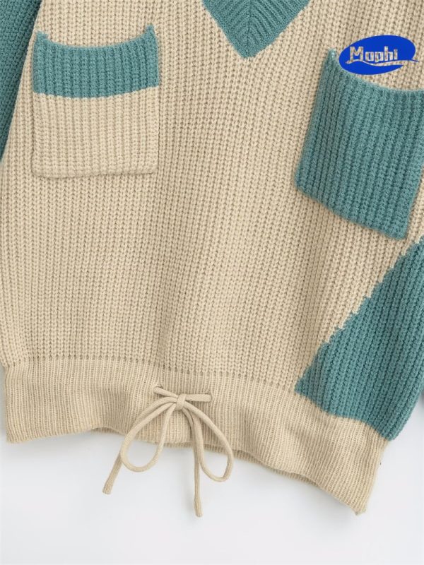 Sweater V领撞色拼色鱼鳞针织套衫 - 图片 9