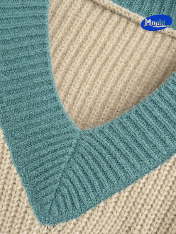 Sweater V领撞色拼色鱼鳞针织套衫 - 图片 7