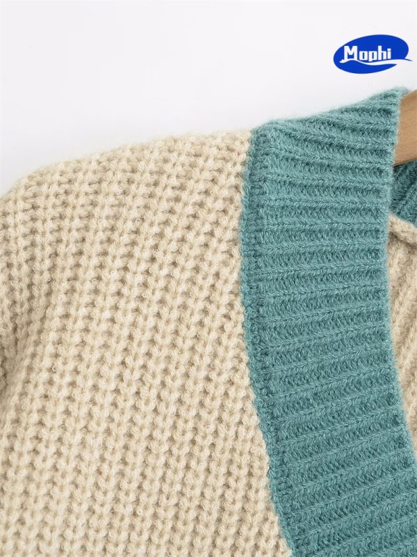 Sweater V领撞色拼色鱼鳞针织套衫 - 图片 6