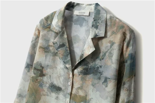 T-shirt silk printing 桑蚕丝西装领真丝长袖油画印花衬衫 - 图片 3