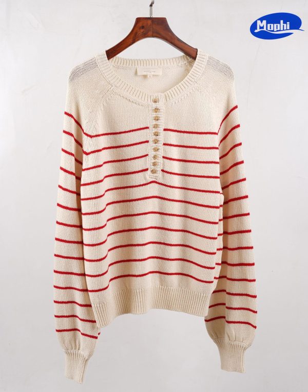 Sweater 复古纽扣条纹长袖圆领套衫