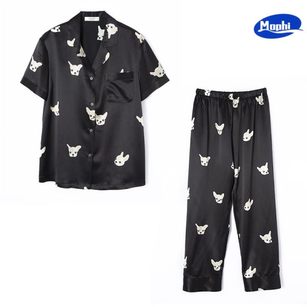 Sleepwear Silk重磅25姆米缎面动物印花真丝睡衣套装女桑蚕丝短袖上衣长裤两件套