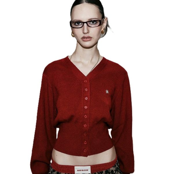 Sweater 针织V领单排扣开衫辣妹装 - 图片 3