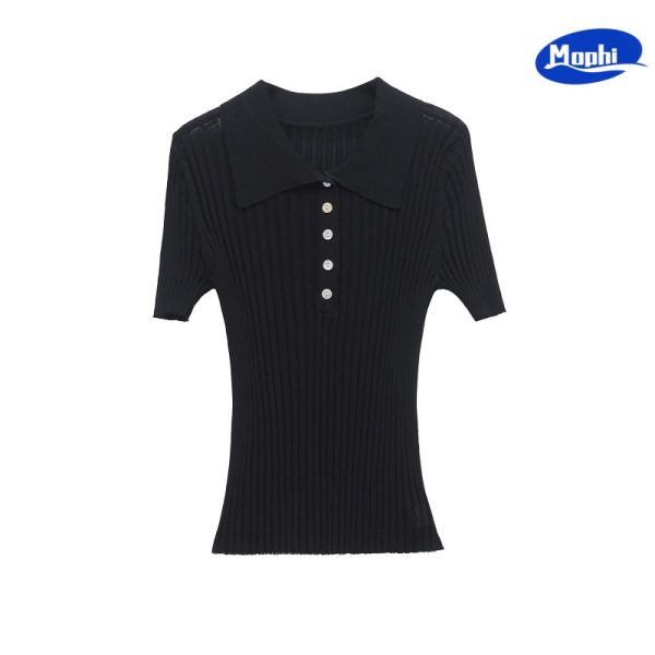 Ladies' Top wear 2025夏季新款弹力修身罗纹POLO领短袖针织衫 - 图片 3