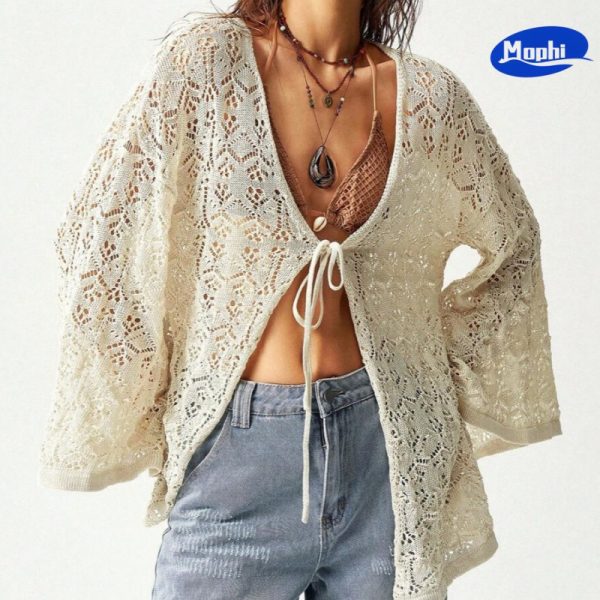 Ladies' Top wear 蕾丝针织衫V领系带宽松喇叭袖露脐防晒衣