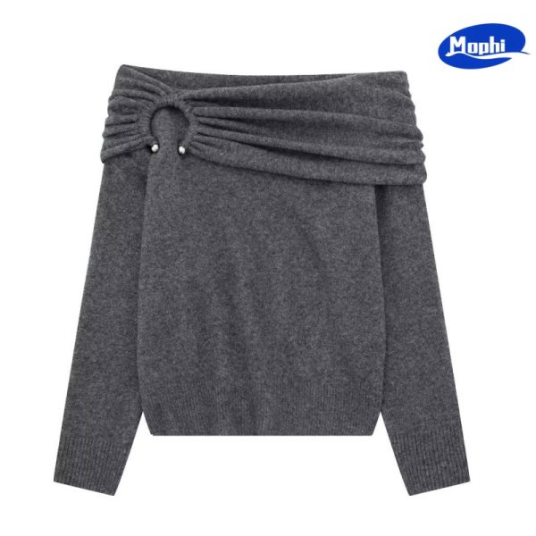 Ladies' Top wear 露肩褶皱装饰纯色针织衫