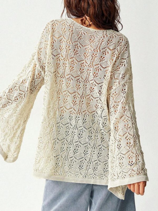 Ladies' Top wear 蕾丝针织衫V领系带宽松喇叭袖露脐防晒衣 - 图片 2