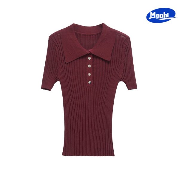 Ladies' Top wear 2025夏季新款弹力修身罗纹POLO领短袖针织衫