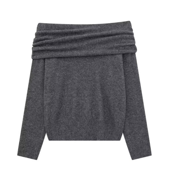 Ladies' Top wear 露肩褶皱装饰纯色针织衫 - 图片 2