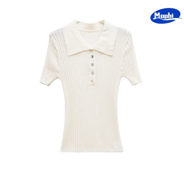 Ladies' Top wear 2025夏季新款弹力修身罗纹POLO领短袖针织衫 - 图片 2