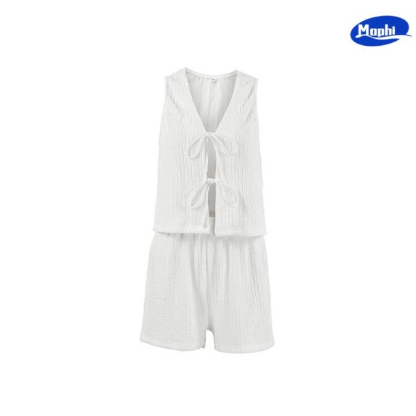Sleepwear 白色无袖开衫短裤睡衣两件套