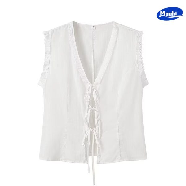 Ladies' Top 女装棉麻系带无袖衬衫