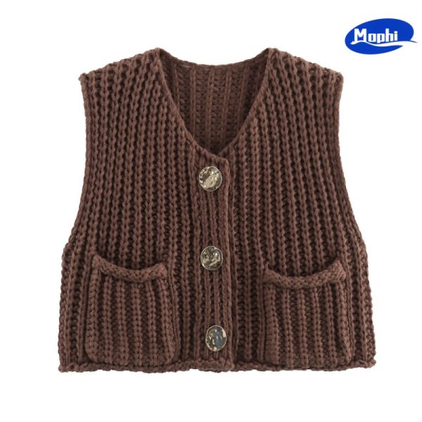 Ladies' Top wear 短款粗棒针双口袋百搭针织马甲背心