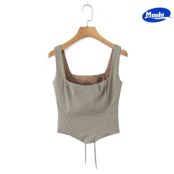 Ladies' Top wear 方领格子吊带背心后背交叉穿绳系带