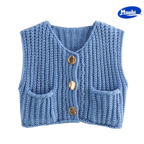 Ladies' Top wear 短款粗棒针双口袋百搭针织马甲背心 - 图片 4
