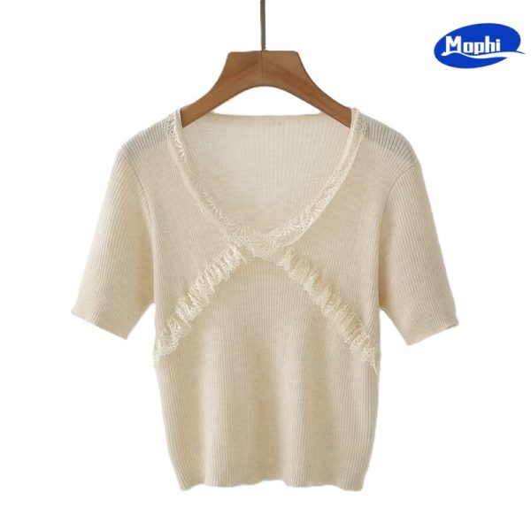 Ladies' Top wear V领蕾丝拼接短袖针织衫 - 图片 3