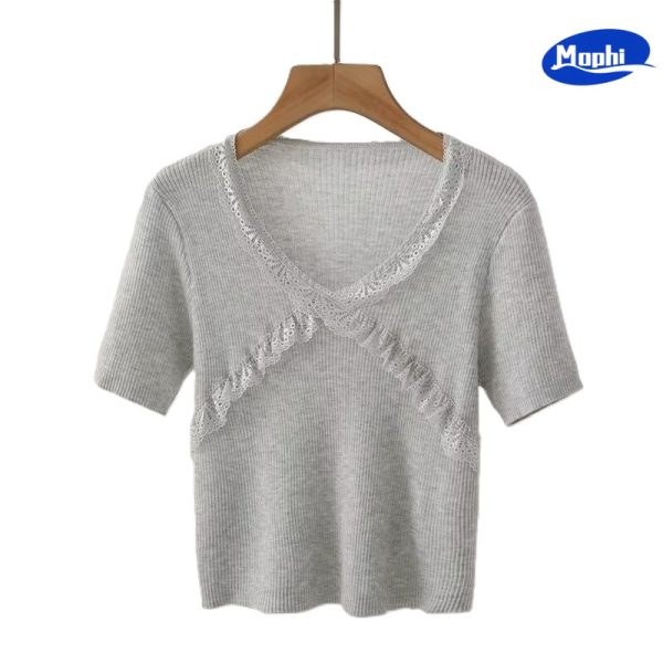 Ladies' Top wear V领蕾丝拼接短袖针织衫 - 图片 5