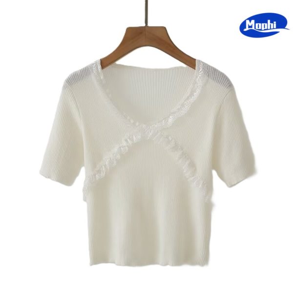 Ladies' Top wear V领蕾丝拼接短袖针织衫 - 图片 2