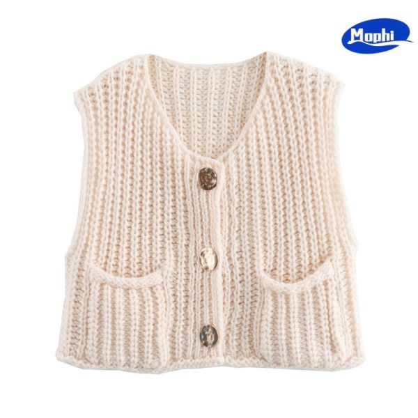 Ladies' Top wear 短款粗棒针双口袋百搭针织马甲背心 - 图片 5