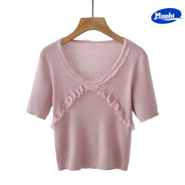 Ladies' Top wear V领蕾丝拼接短袖针织衫 - 图片 7