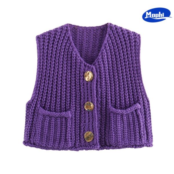 Ladies' Top wear 短款粗棒针双口袋百搭针织马甲背心 - 图片 3