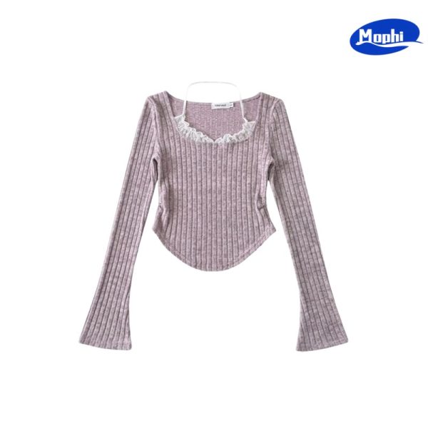 Ladies' Top wear 蕾丝花边拼接挂脖吊带喇叭袖针织衫 - 图片 4