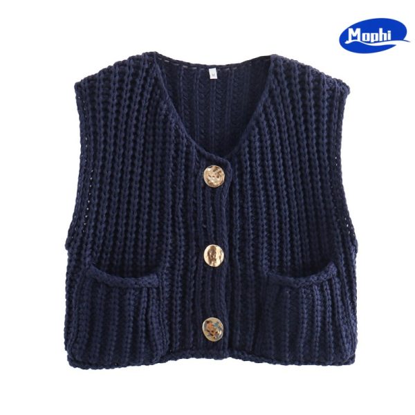 Ladies' Top wear 短款粗棒针双口袋百搭针织马甲背心 - 图片 2