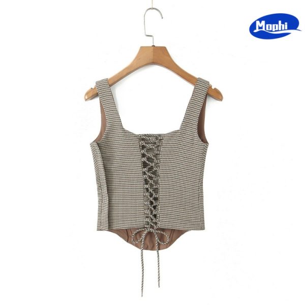 Ladies' Top wear 方领格子吊带背心后背交叉穿绳系带 - 图片 2