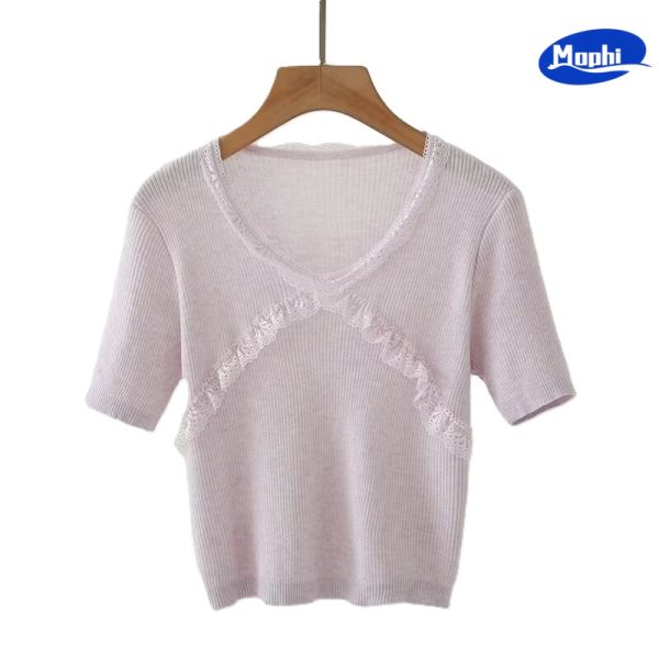 Ladies' Top wear V领蕾丝拼接短袖针织衫 - 图片 4