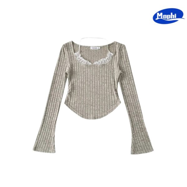 Ladies' Top wear 蕾丝花边拼接挂脖吊带喇叭袖针织衫