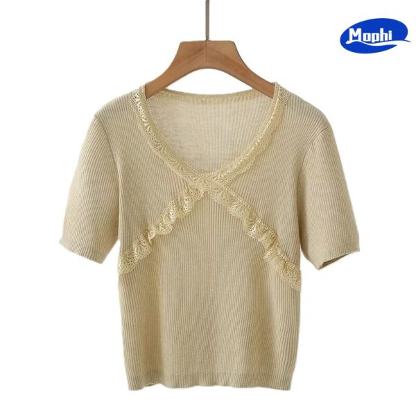 Ladies' Top wear V领蕾丝拼接短袖针织衫 - 图片 6