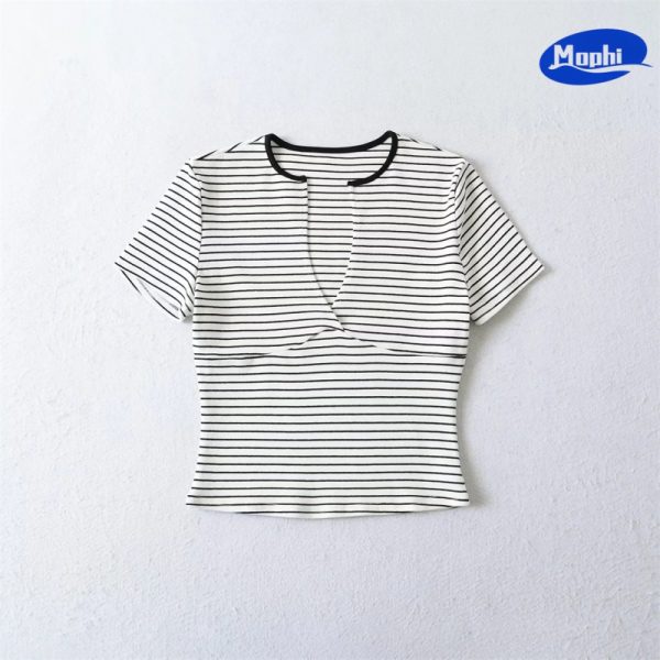 Ladies' Top wear 深V条纹短袖T恤 - 图片 2
