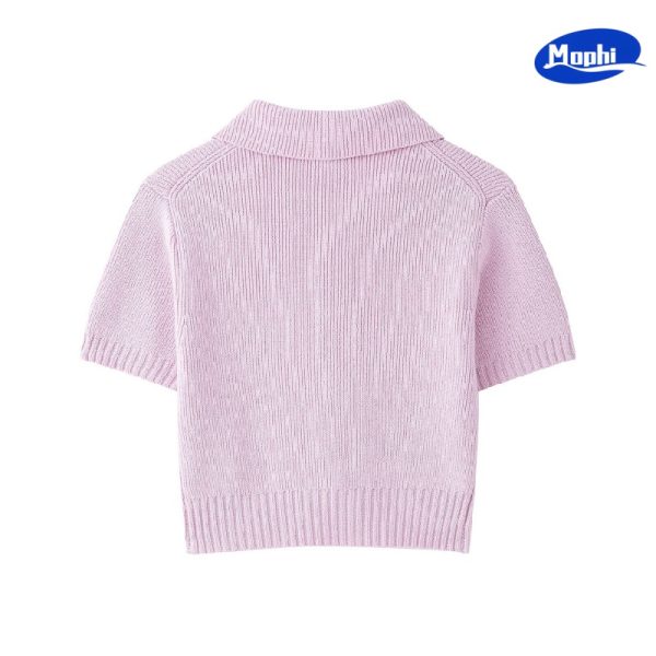 Ladies' Top 女式蝴蝶结饰针织粉色短袖POLO领上衣 - 图片 2