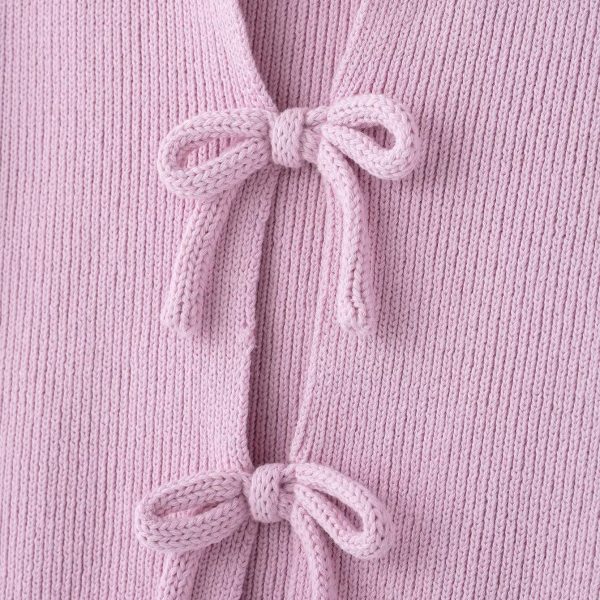 Ladies' Top 女式蝴蝶结饰针织粉色短袖POLO领上衣 - 图片 3