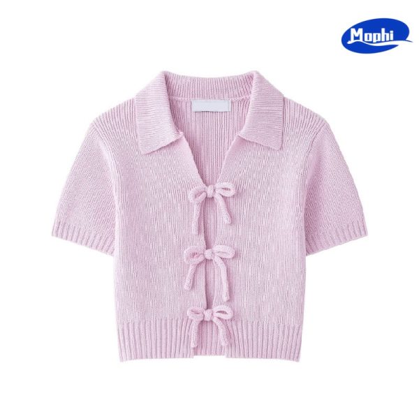 Ladies' Top 女式蝴蝶结饰针织粉色短袖POLO领上衣