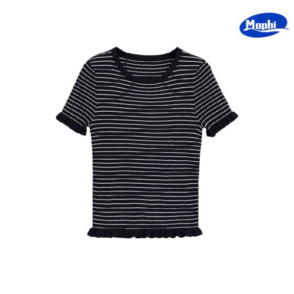 Ladies' Top 女式百搭条纹套头圆领短袖针织上衣 - 图片 2